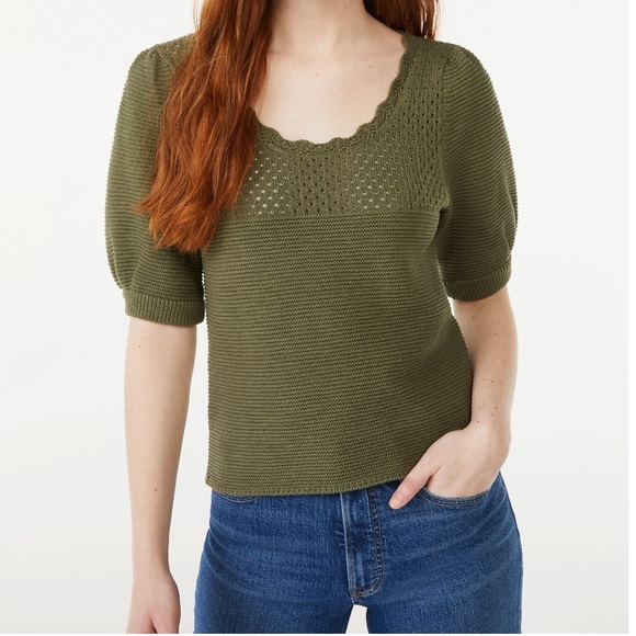 Free Assembly Sweaters - Free Assembly olive green crochet puff sleeve sweater top